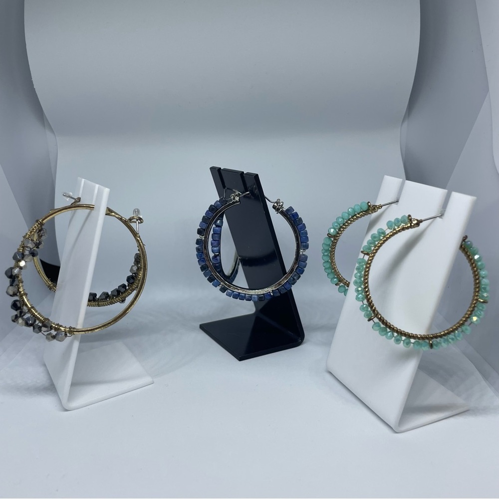 Beaded Hoop Earrings in Black, Blue & Mint Green - Costume Jewelry - Set of 3
